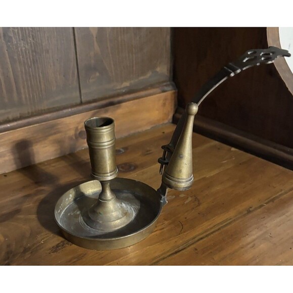 Antique 19th century brass candle holder chamberstick With Snuffer - Picture 1 of 9